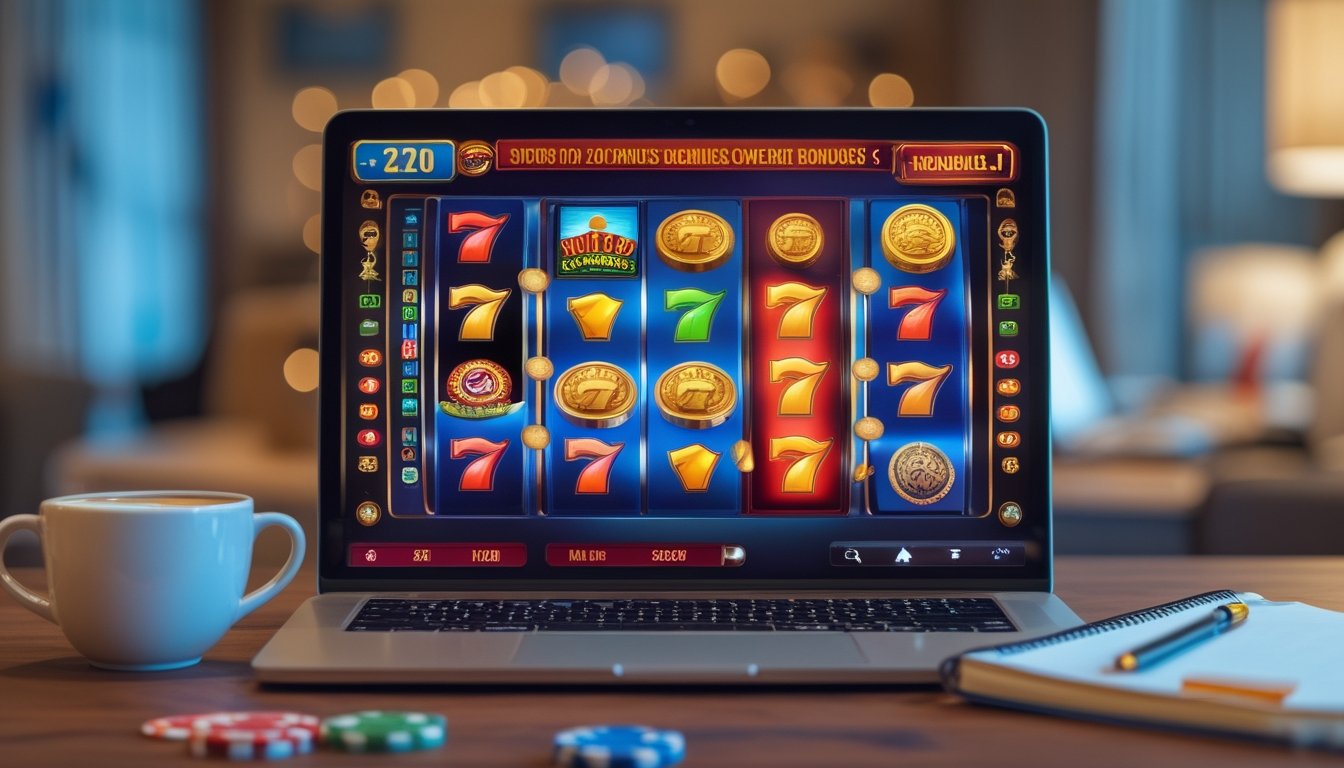 Seorang pria menggunakan laptop dan smartphone dengan tampilan permainan slot online di meja kerja yang rapi, dikelilingi oleh chip kasino dan cangkir kopi.