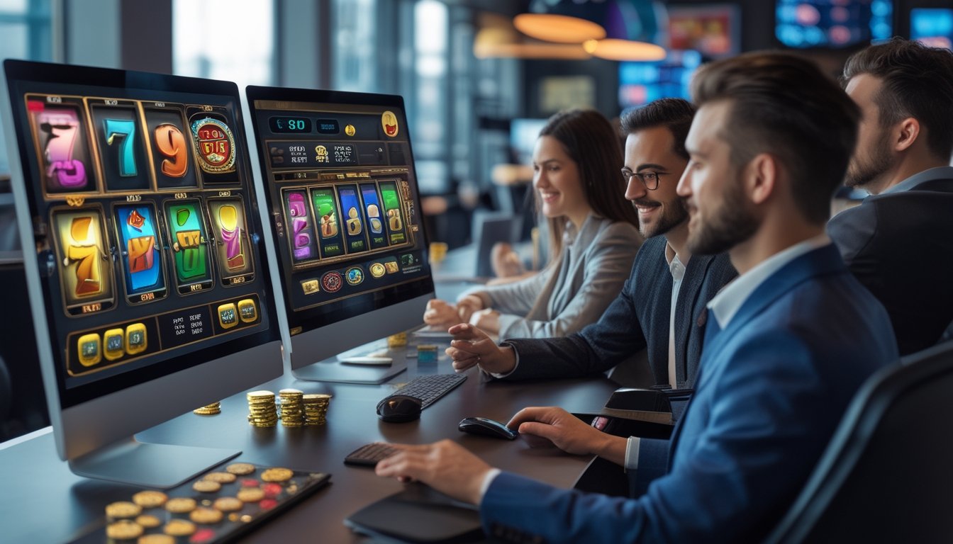 Beberapa orang sedang menggunakan komputer dan ponsel untuk bermain permainan slot online di ruangan yang terang dan modern.