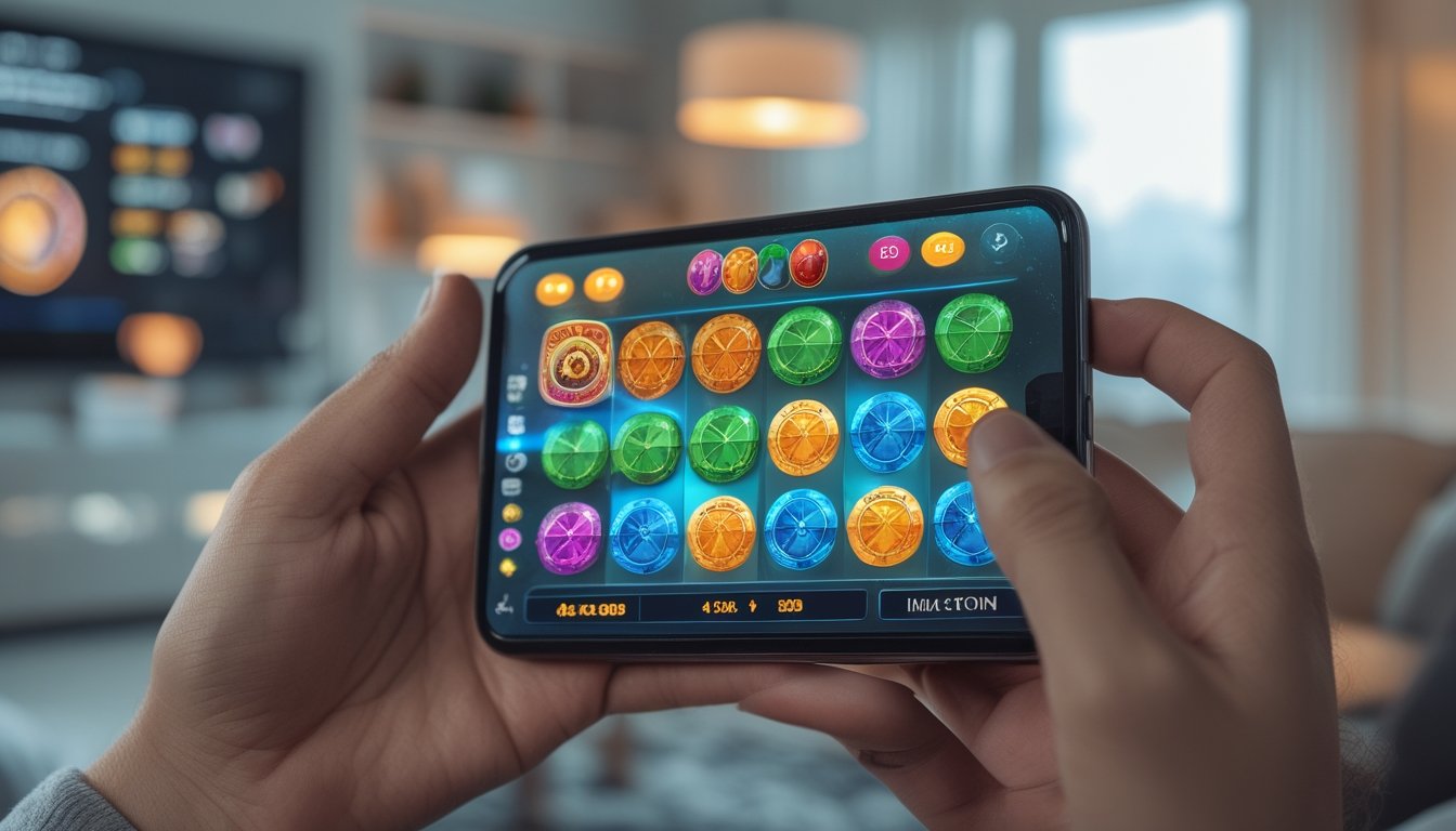 Seseorang memegang ponsel yang menampilkan permainan slot online berwarna-warni di dalam ruangan yang nyaman.