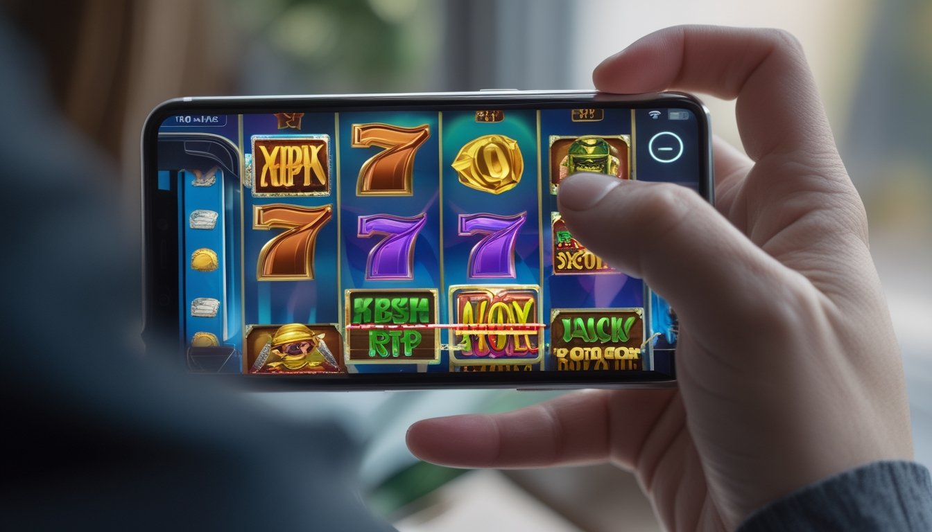 Seseorang memegang ponsel yang menampilkan permainan slot online dengan simbol warna-warni di layar.