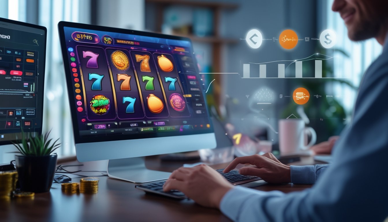 Seorang pemain duduk di depan komputer dengan permainan slot online yang berwarna-warni di layar, di ruang kerja yang rapi dan terang.