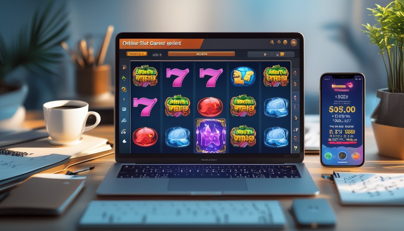 Sebuah ruang kerja modern dengan laptop yang menampilkan permainan slot online berwarna-warni, dikelilingi oleh buku catatan, kopi, dan ponsel di atas meja.
