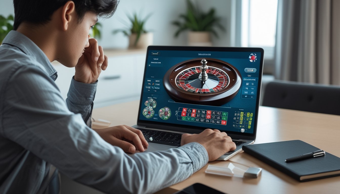 Seorang dewasa muda duduk di meja dengan laptop, fokus bermain roulette online dan mencatat strategi taruhan.