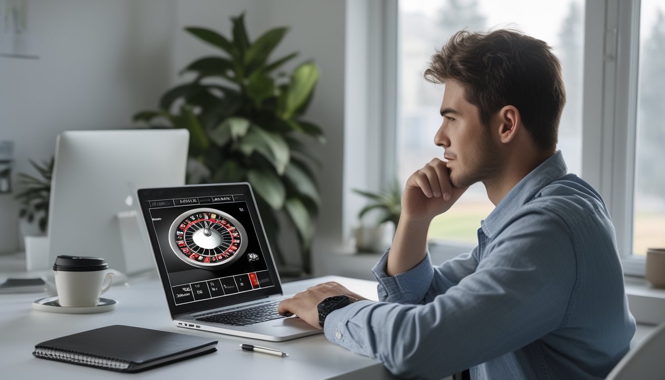 Seorang pria muda duduk di meja dengan laptop, fokus bermain roulette online di ruang kerja yang nyaman.