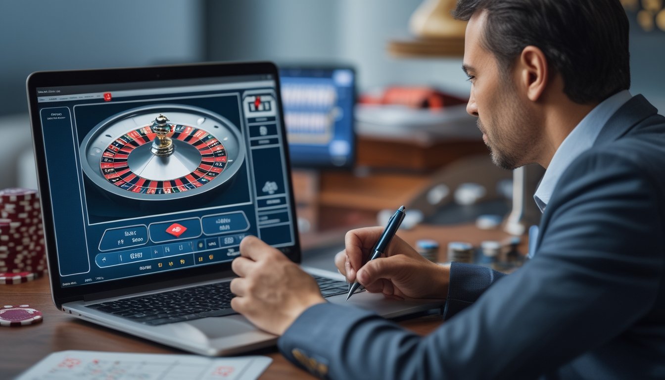 Seseorang sedang fokus menggunakan laptop dengan tampilan permainan roulette online dan mencatat strategi di buku catatan.