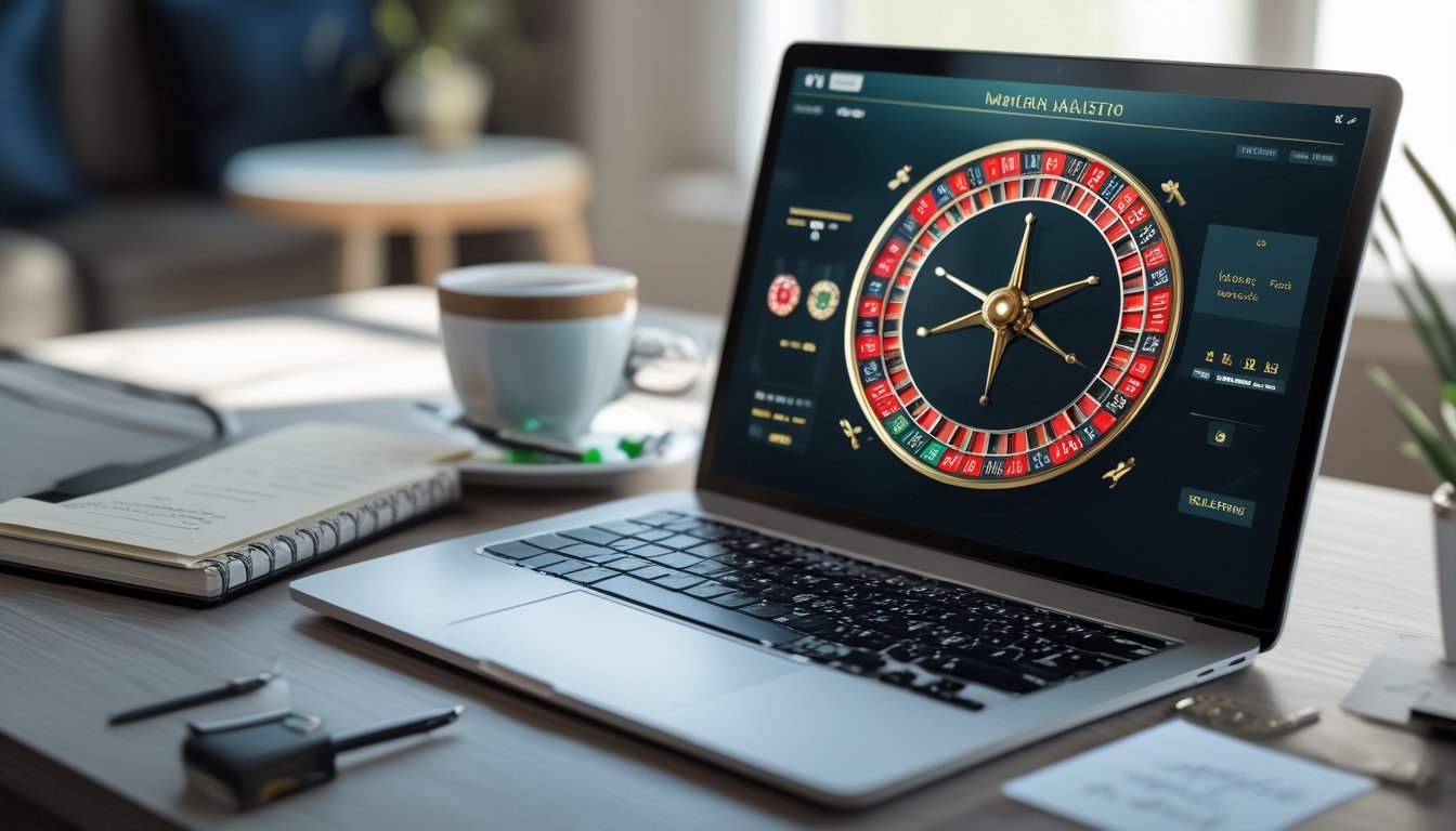 Sebuah laptop menampilkan roda roulette digital dengan buku catatan dan pena di sampingnya di atas meja, menggambarkan suasana strategi bermain roulette online.
