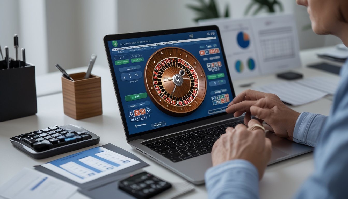Seseorang sedang menggunakan laptop dengan tampilan roda roulette online, dikelilingi oleh alat strategi seperti catatan dan kalkulator di meja kerja yang rapi.