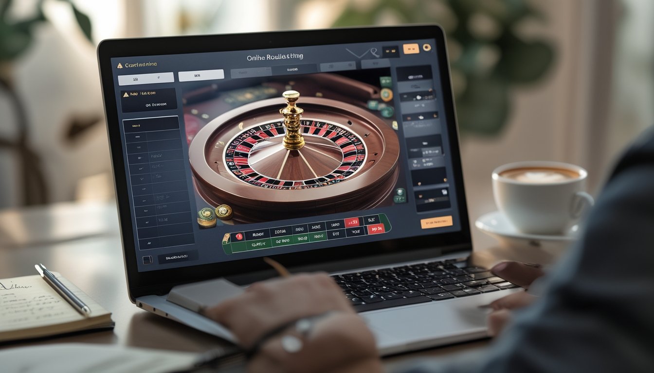 Seseorang sedang bermain roulette online di depan komputer dengan meja kerja yang rapi dan alat tulis di sekitarnya.
