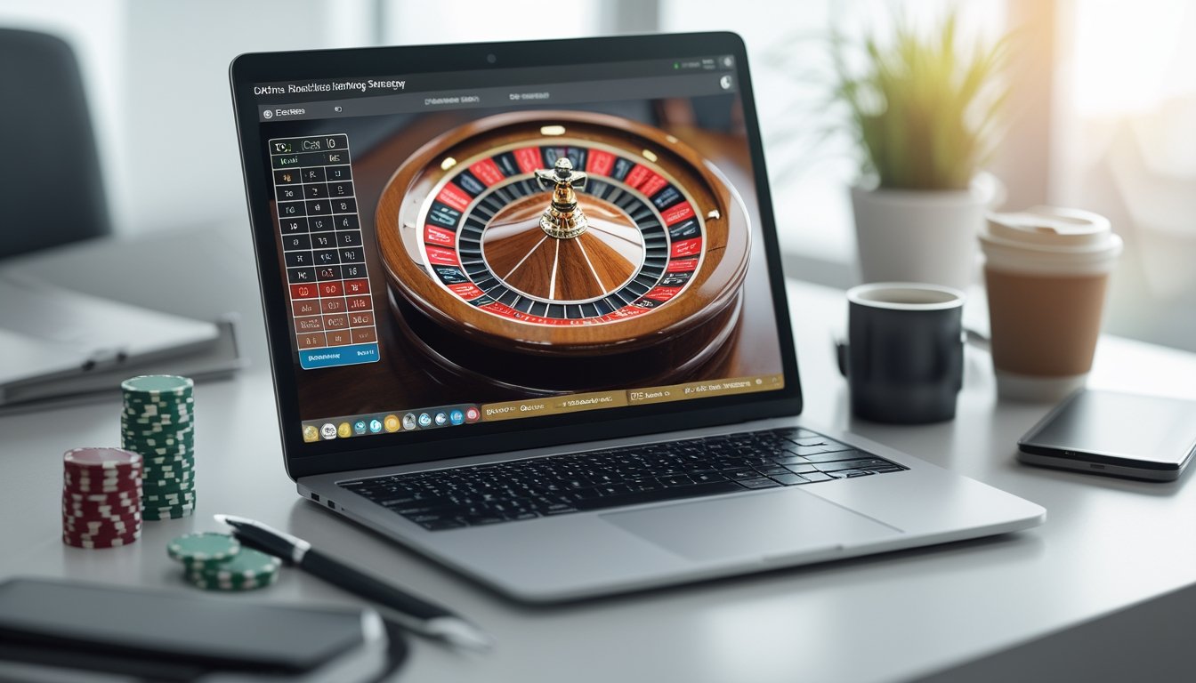 Seorang pengguna laptop dengan tampilan roda roulette di layar, dikelilingi oleh tumpukan chip poker kecil dan ponsel yang menampilkan aplikasi taruhan.