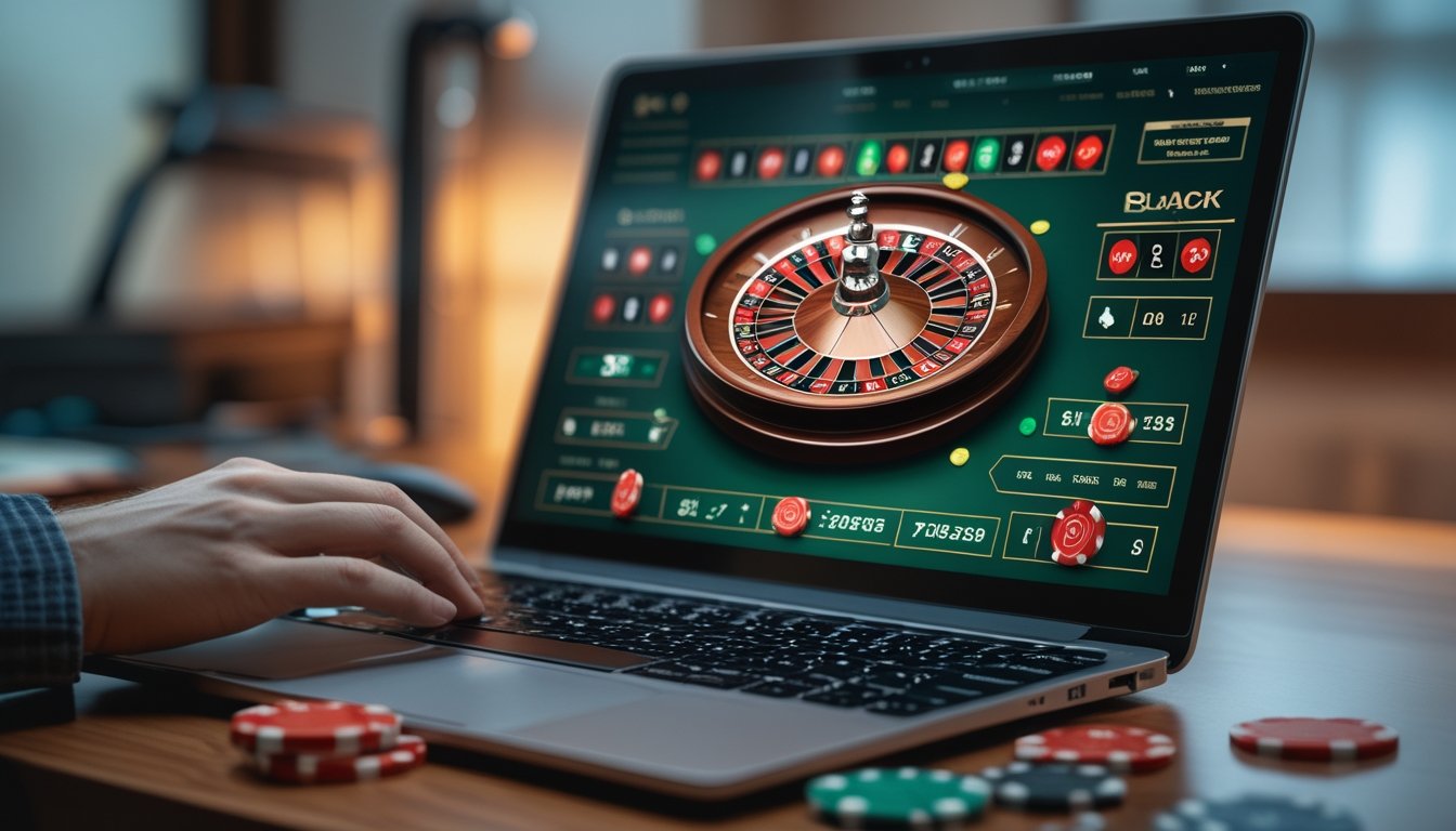 Seseorang menggunakan laptop dengan permainan roulette online yang terlihat di layar, tangan sedang menempatkan taruhan menggunakan mouse di meja kayu.