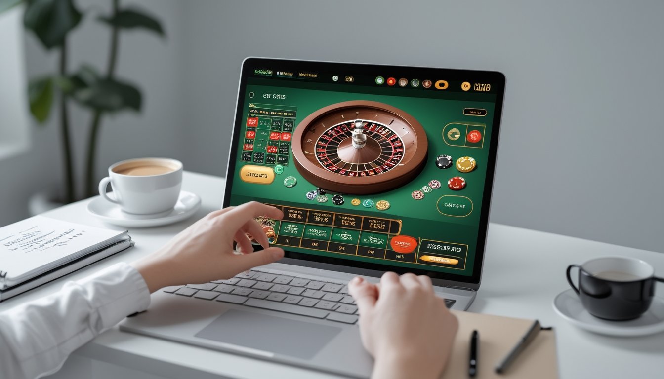 Seorang pemain muda duduk di depan laptop yang menampilkan permainan roulette online dengan tampilan jelas dan warna-warni, di meja yang rapi dengan catatan dan kopi.