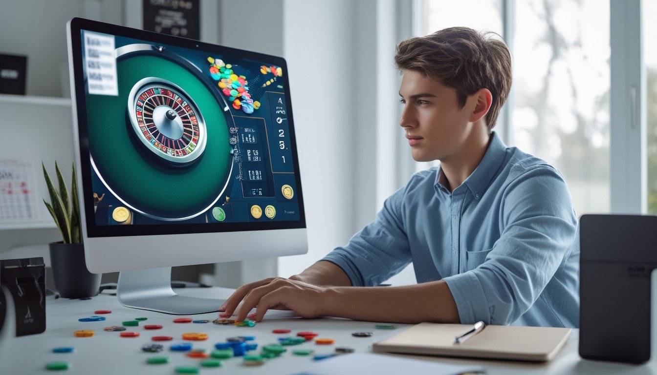 Seorang pemain muda sedang bermain roulette online di komputer dengan chip taruhan di sekitar dan suasana ruangan yang terang dan rapi.