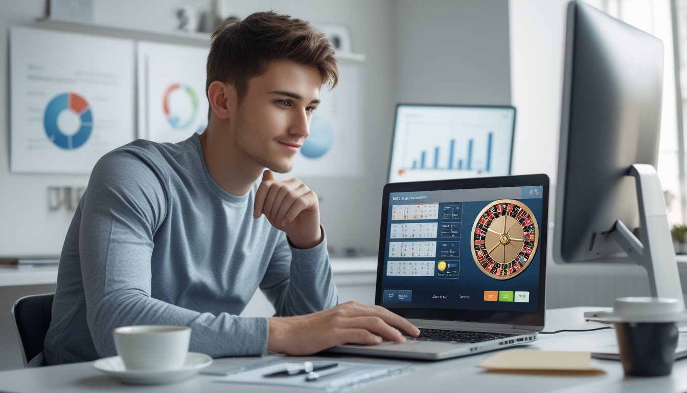 Seorang pria muda duduk di depan laptop yang menampilkan roda roulette, sedang menganalisis data di meja kerja yang rapi dan terang.