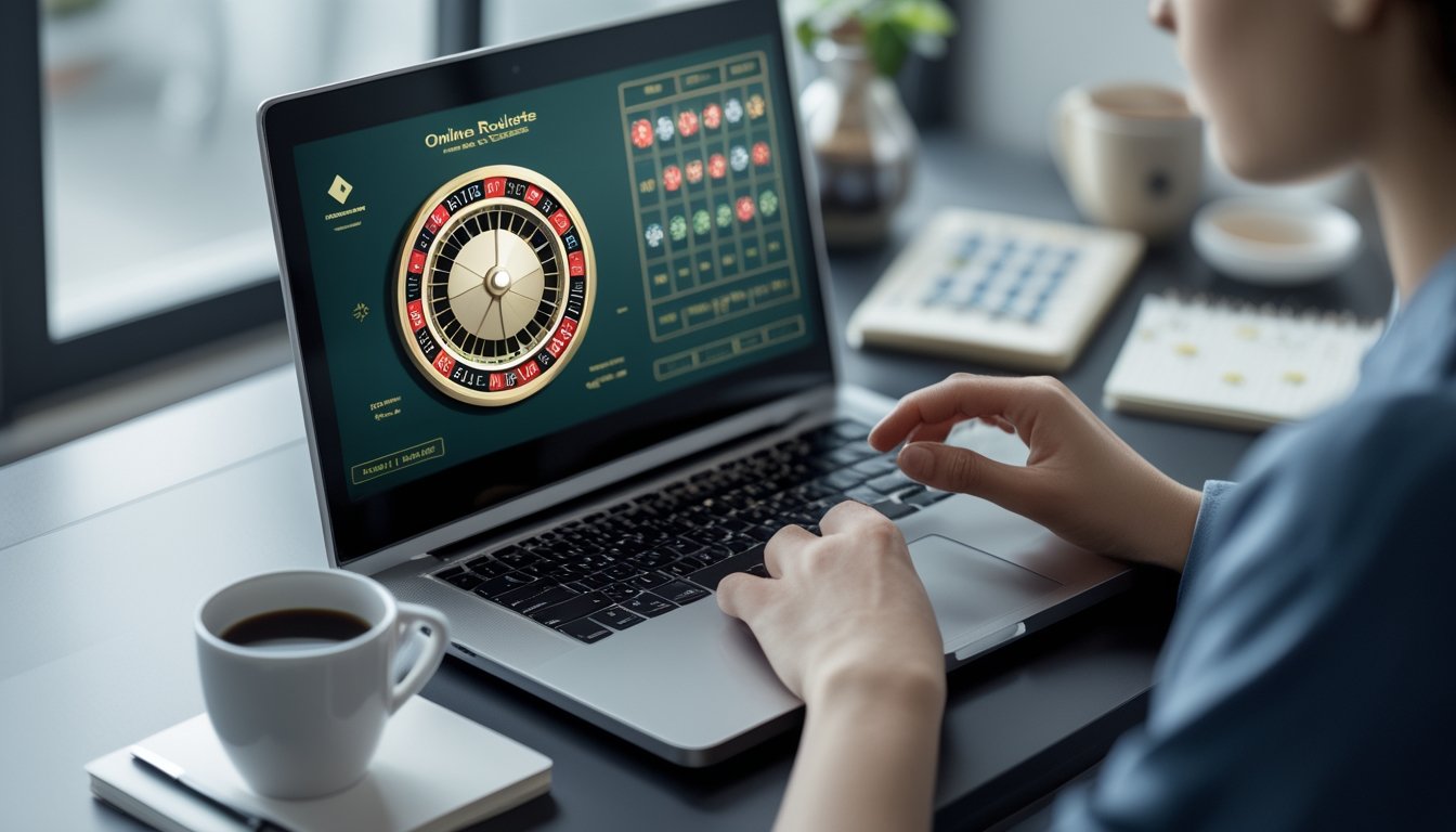 Seseorang menggunakan komputer dengan tampilan roda roulette online, suasana tenang dan fokus.