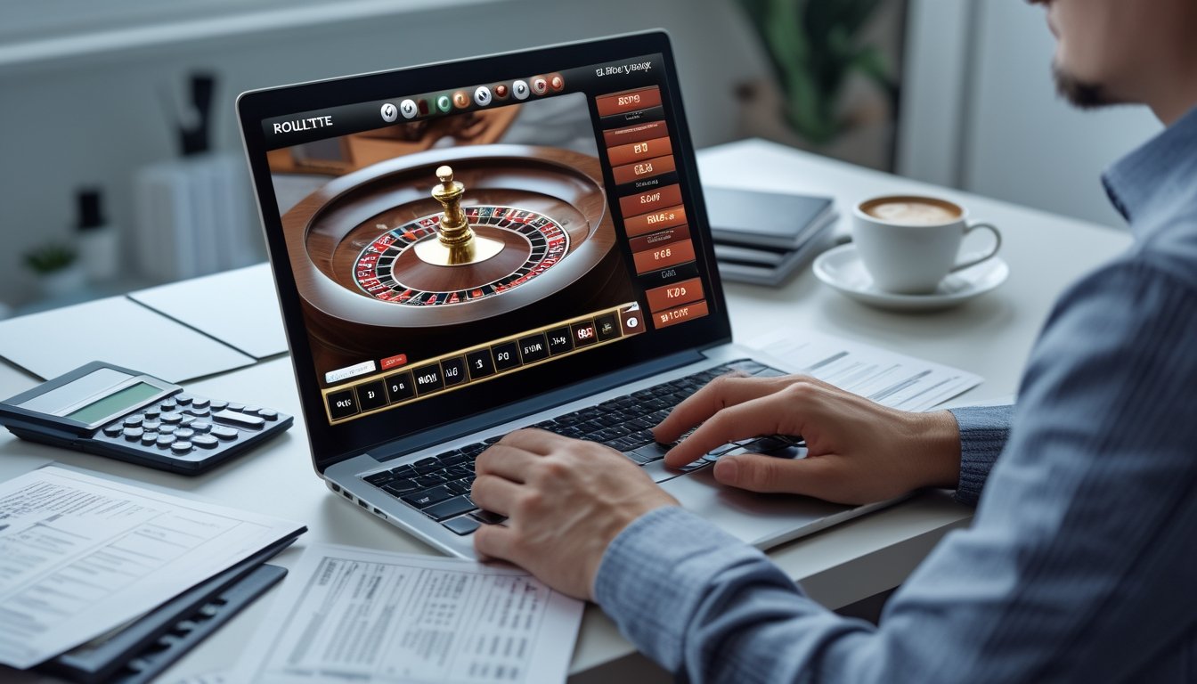 Seseorang duduk di depan laptop yang menampilkan permainan roulette online, dengan dokumen keuangan dan kalkulator di meja, tampak fokus dan tenang mengatur modal.