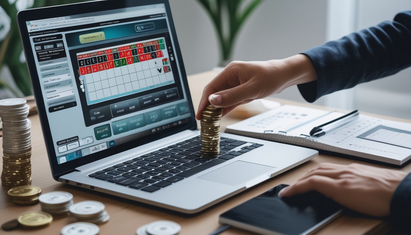 Seorang individu mengatur taruhan roulette online dengan laptop, chip taruhan, dan catatan strategi di meja kerja.