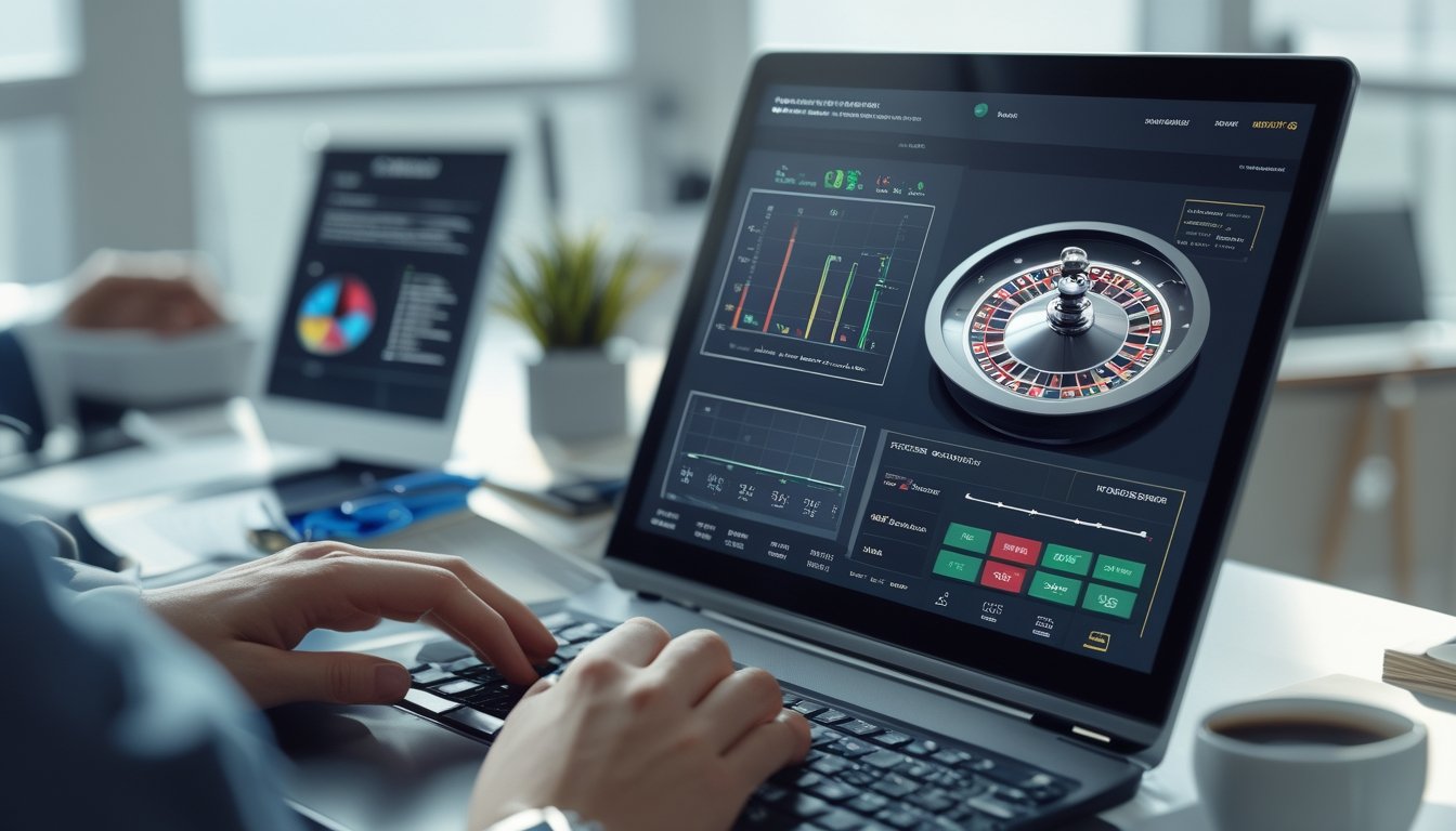 Seseorang menggunakan komputer dengan tampilan roda roulette digital dan grafik statistik di meja kerja yang rapi.