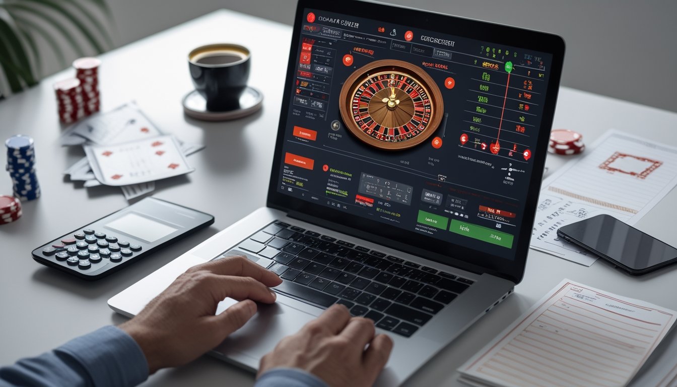 Seorang pengguna laptop sedang menganalisis strategi taruhan roulette online dengan grafik probabilitas dan alat manajemen risiko di meja kerja yang rapi.