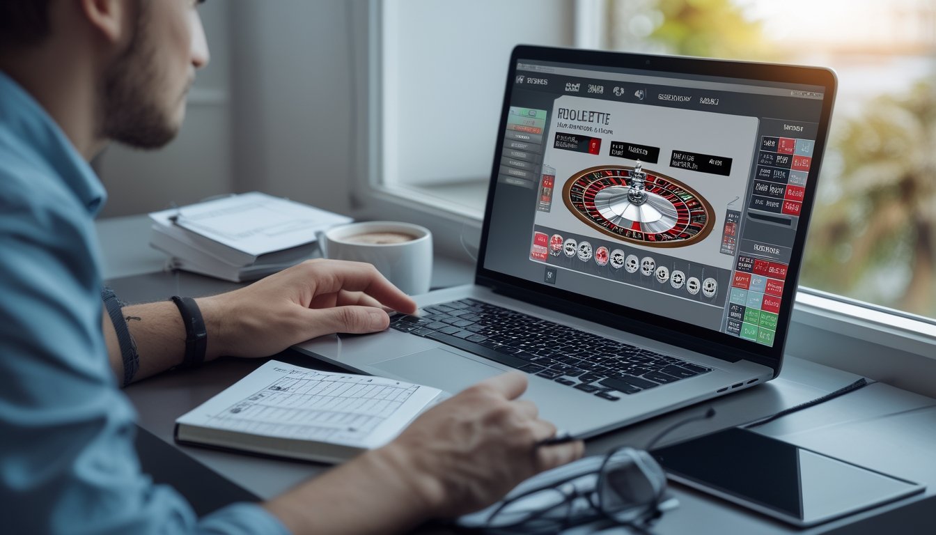 Seseorang bermain rolet online di laptop dengan catatan strategi di meja dalam ruangan yang terang dan rapi.
