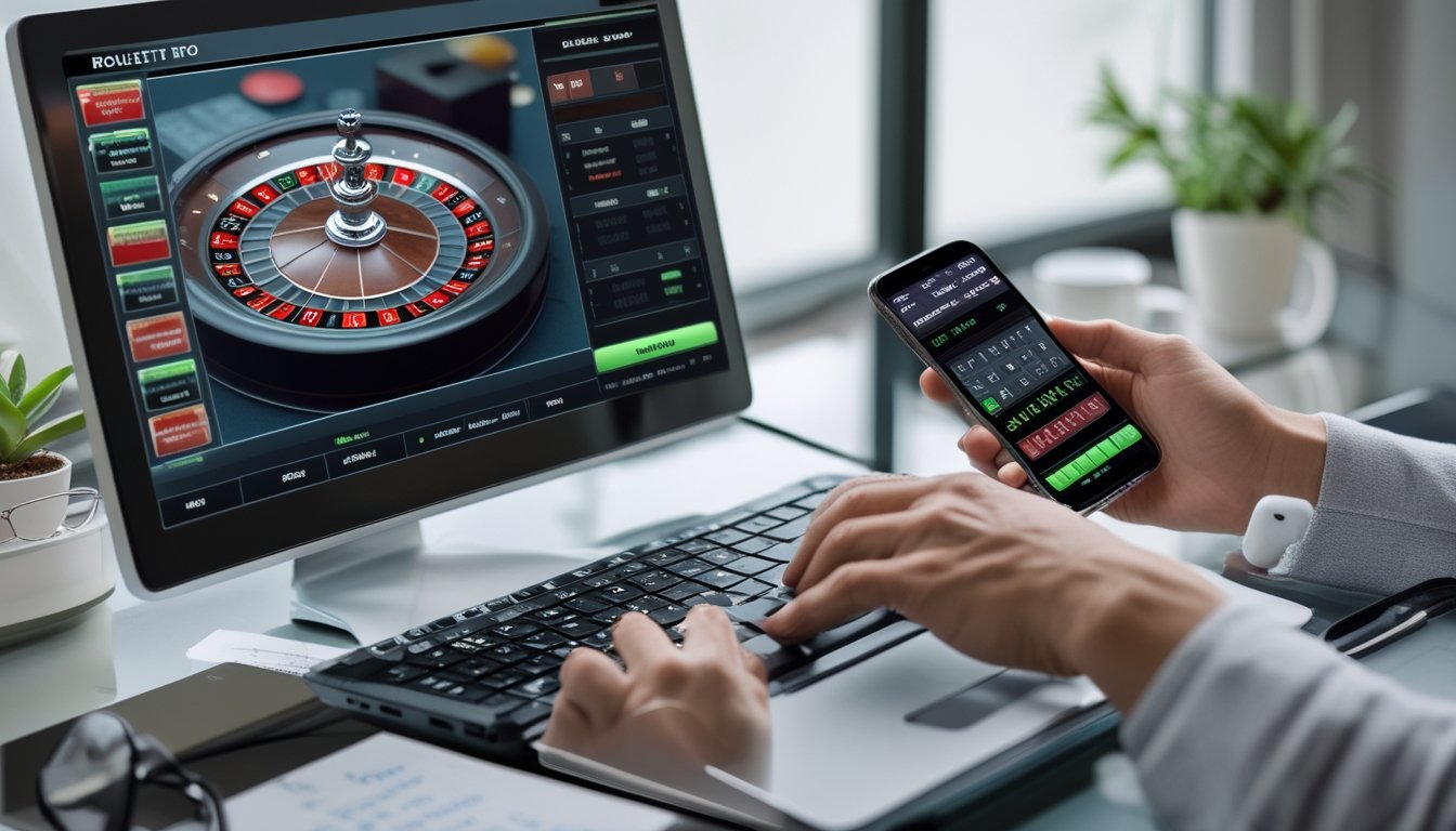 Seseorang bermain rolet online di komputer dengan catatan strategi di meja, di lingkungan rumah yang rapi dan terang.