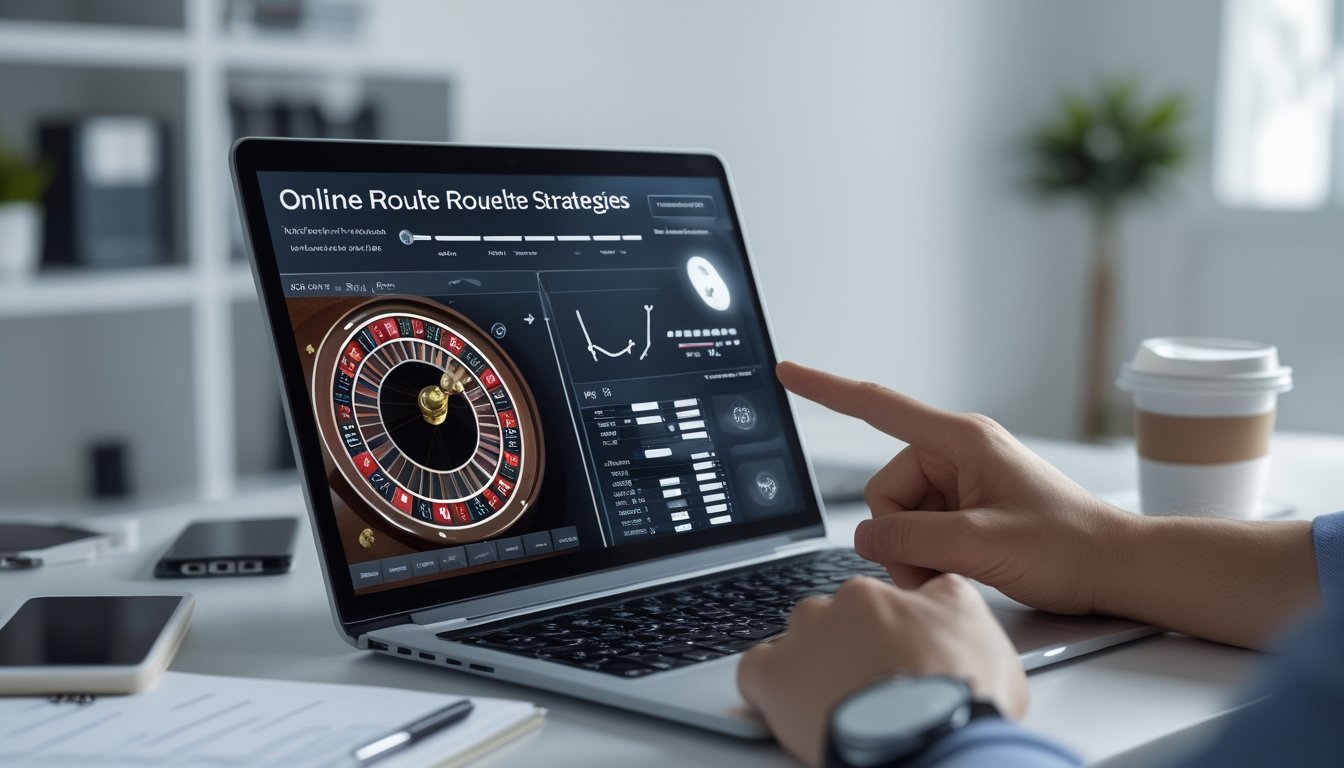 Seseorang sedang menganalisis strategi roulette online di laptop di ruang kerja rumah yang rapi dan terang.