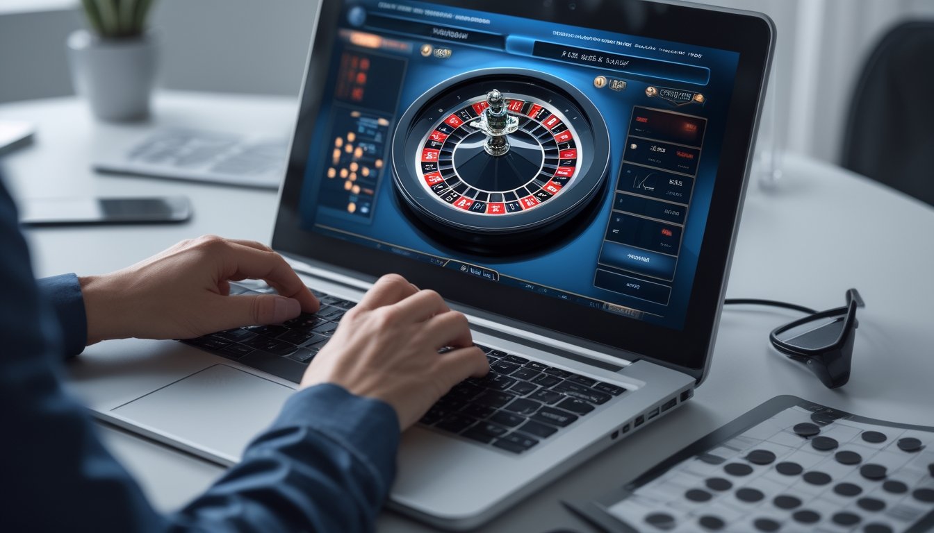 Seorang pemain sedang menggunakan laptop untuk bermain roulette online dengan fokus dan strategi di ruang kerja yang rapi.