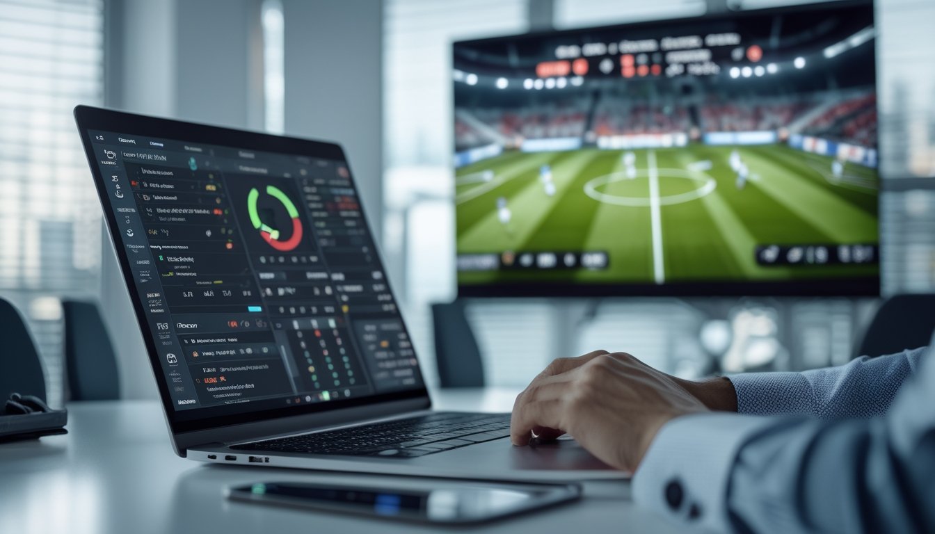 Seorang profesional sedang menganalisis prediksi skor dan peluang taruhan sepak bola Eropa menggunakan perangkat digital di sebuah ruang kerja modern.