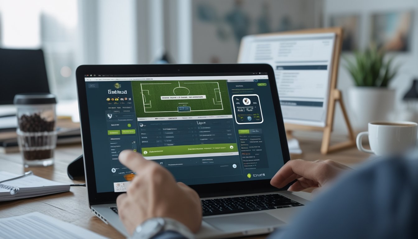 Seseorang muda sedang menggunakan laptop di ruang kerja modern untuk memilih situs taruhan bola online Liga Eropa yang aman.