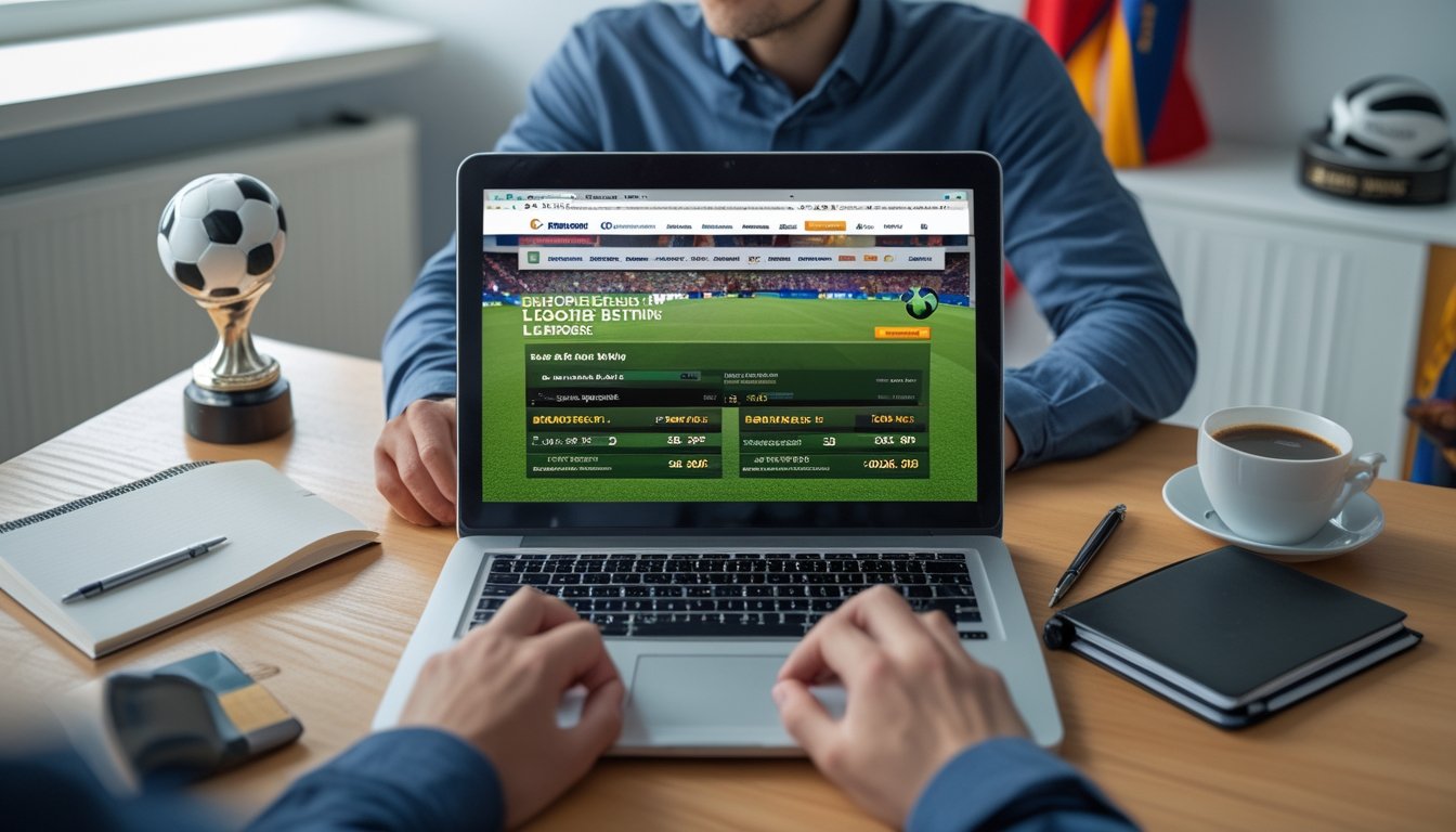 Seorang pria muda sedang menggunakan laptop di ruang kerja rumah yang terang dengan dekorasi bertema sepak bola di latar belakang.