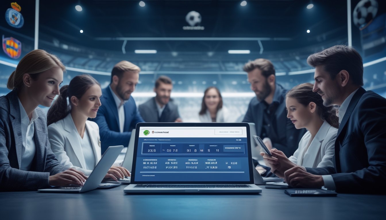 Orang-orang menggunakan perangkat digital untuk taruhan bola online dengan latar belakang tema sepak bola Eropa.