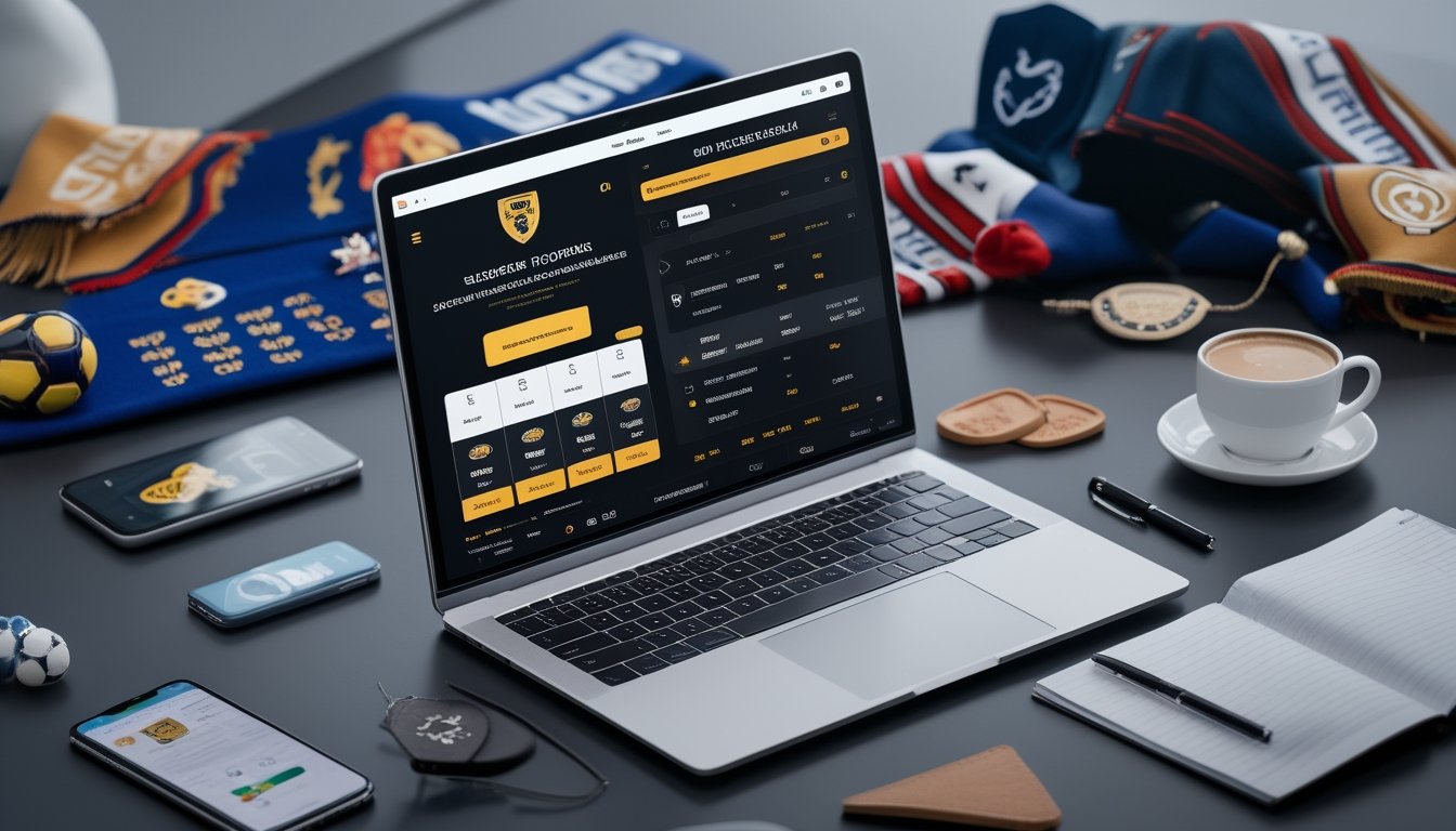 Meja kerja modern dengan laptop yang menampilkan antarmuka taruhan olahraga sepak bola Eropa, dikelilingi oleh ponsel, cangkir kopi, dan alat tulis.