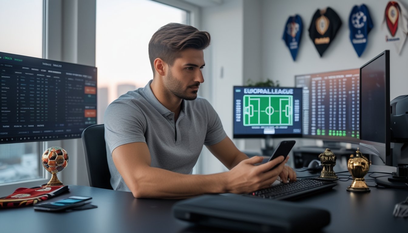 Seorang pria duduk di meja dengan beberapa layar yang menampilkan pertandingan sepak bola Liga Eropa dan peluang taruhan, terlihat fokus dan menggunakan ponsel di ruang kerja modern.