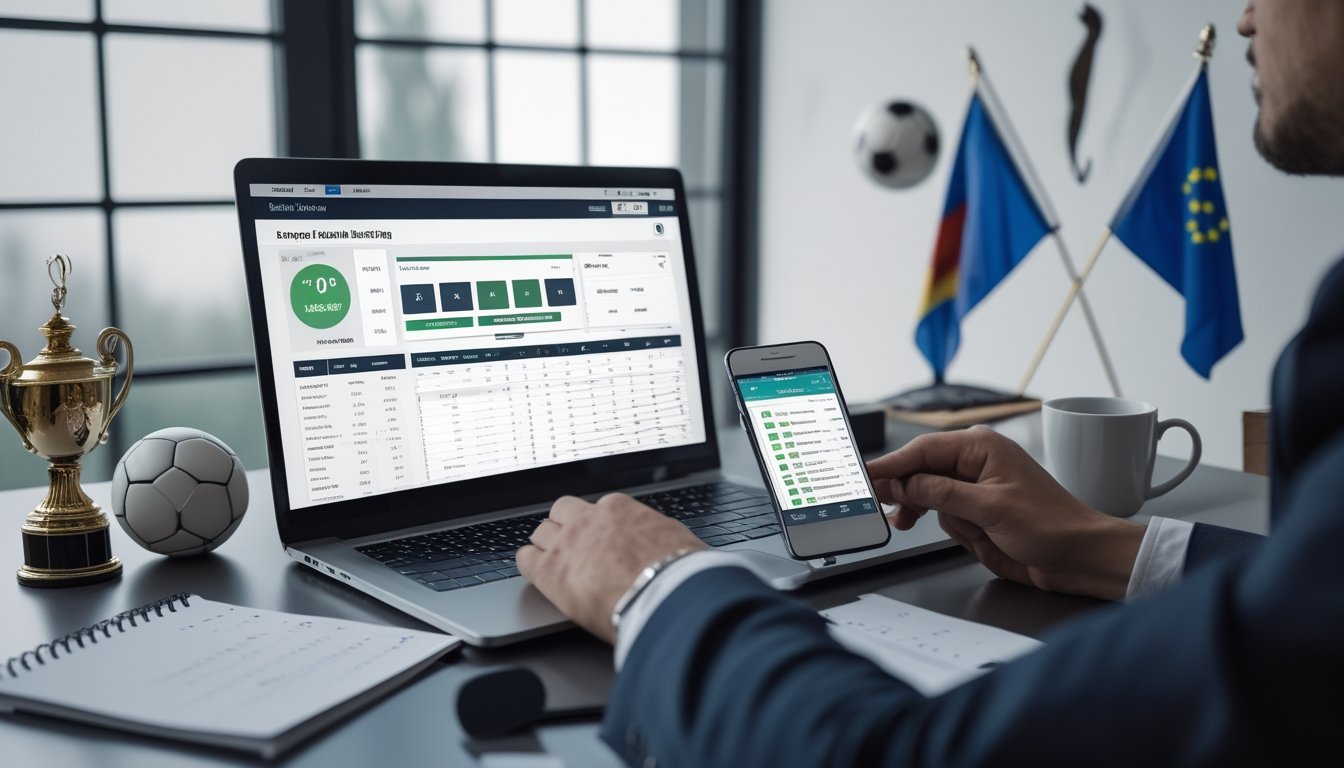 Meja kerja dengan komputer dan smartphone yang menampilkan data taruhan sepak bola Liga Eropa, dengan tangan seseorang sedang menggunakan perangkat tersebut.