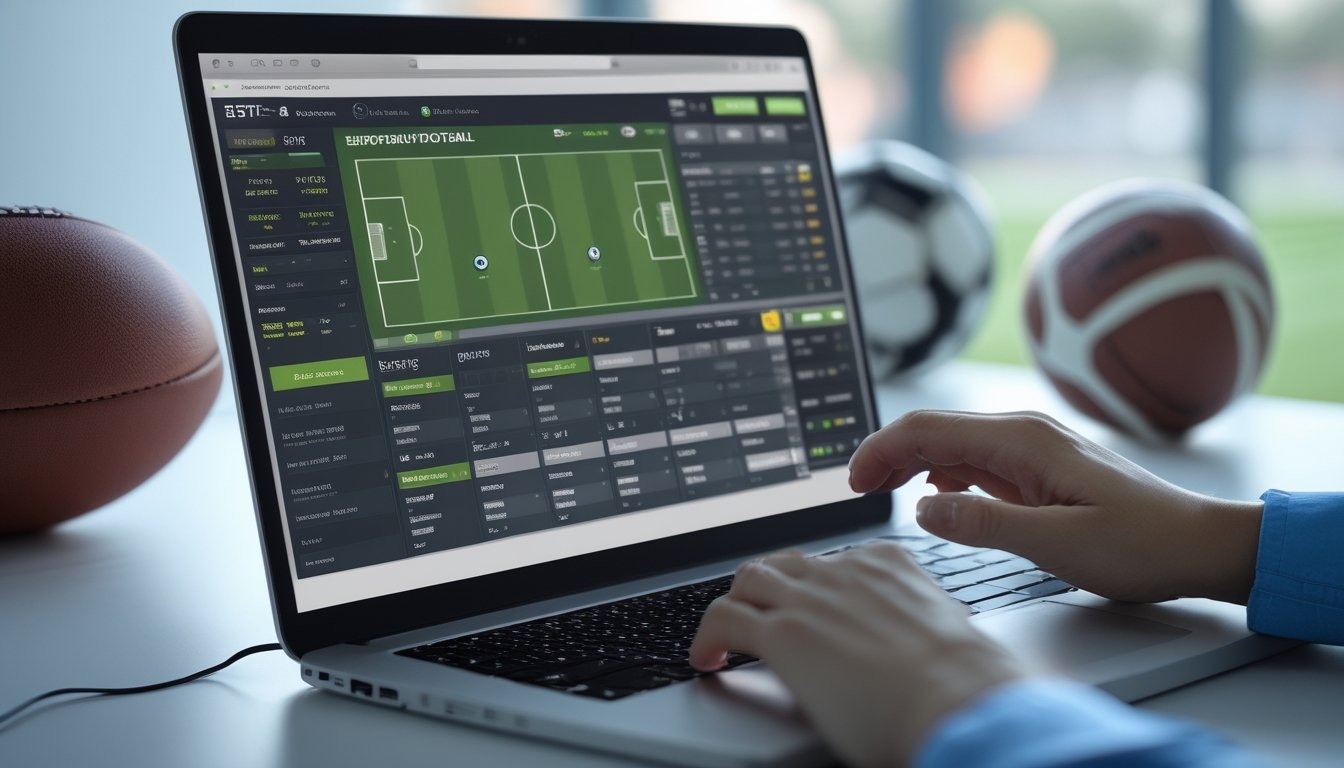 Seseorang menggunakan komputer dengan tampilan situs taruhan bola Liga Eropa secara langsung.