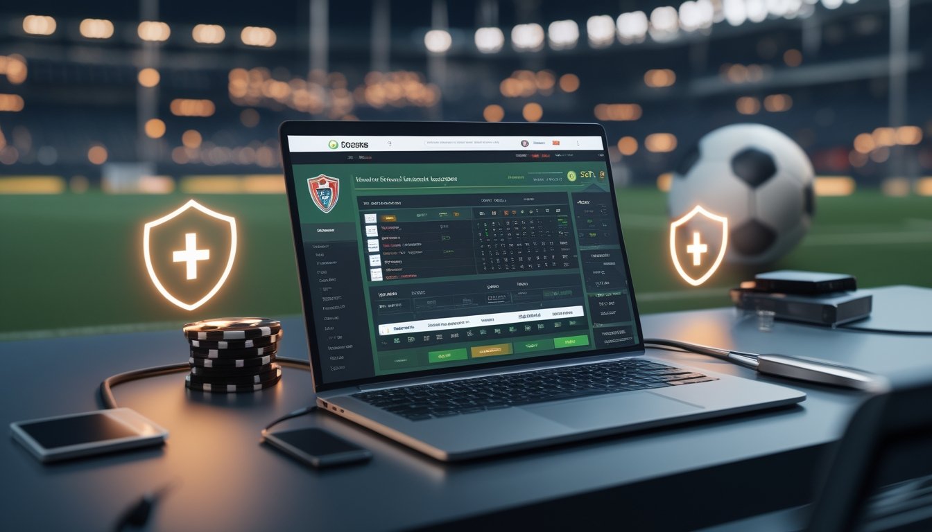 Seorang pria menggunakan laptop dengan tampilan taruhan bola liga Eropa di layar, di meja kerja dengan simbol keamanan dan latar belakang stadion sepak bola.