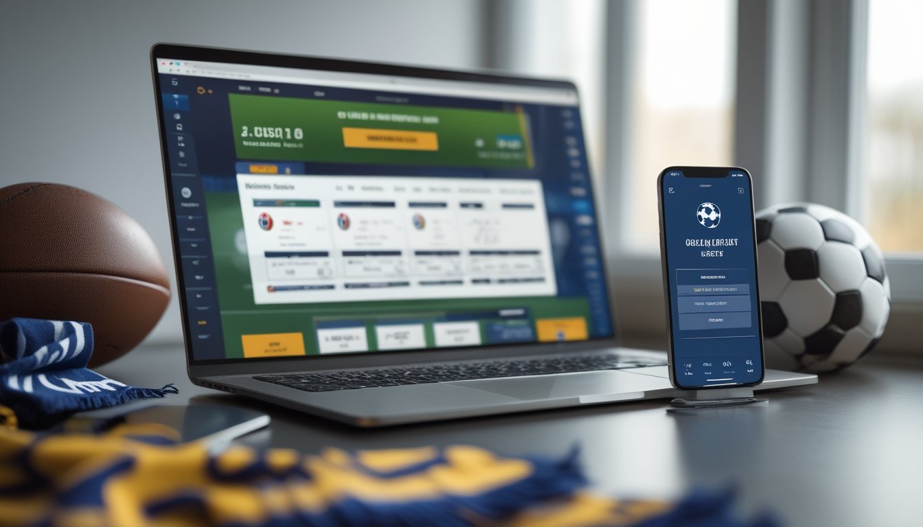 Seseorang menggunakan laptop dan ponsel untuk memasang taruhan bola online dengan tema liga sepak bola Eropa dan pembayaran cepat melalui e-wallet.