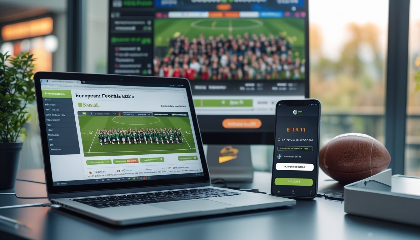 Seorang pria menggunakan laptop dan ponsel untuk melakukan deposit cepat melalui e-wallet pada situs taruhan bola liga Eropa.
