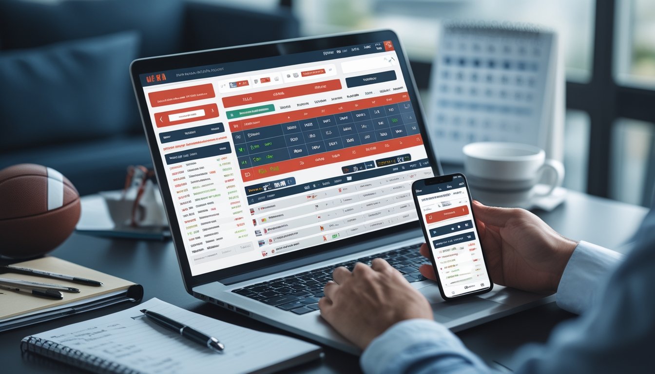 Seorang pria duduk di depan laptop dan ponsel yang menampilkan situs taruhan bola online dengan statistik dan jadwal pertandingan Liga Eropa, di meja terdapat catatan dan secangkir kopi.