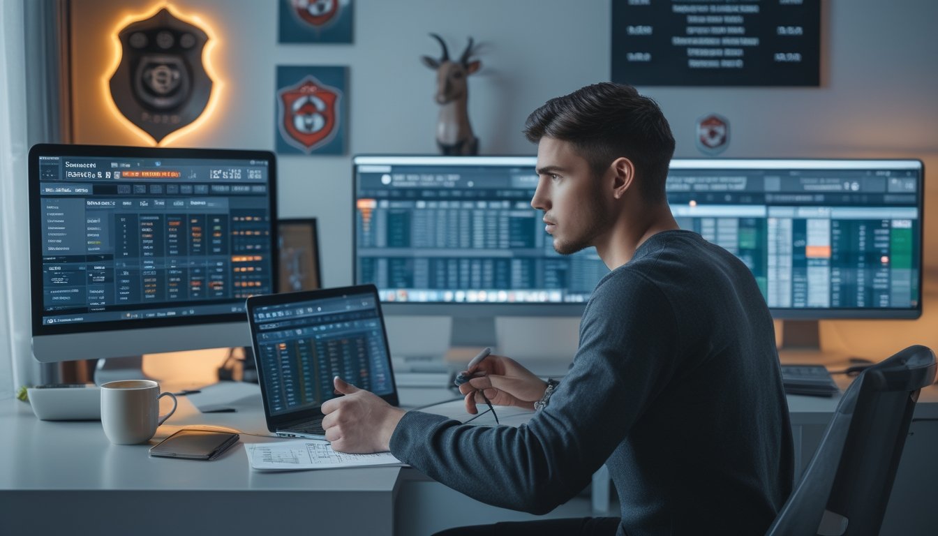 Seorang pria muda sedang duduk di meja dengan beberapa layar komputer yang menampilkan statistik dan peluang taruhan sepak bola Liga Eropa, sambil mencatat dan menggunakan laptop.