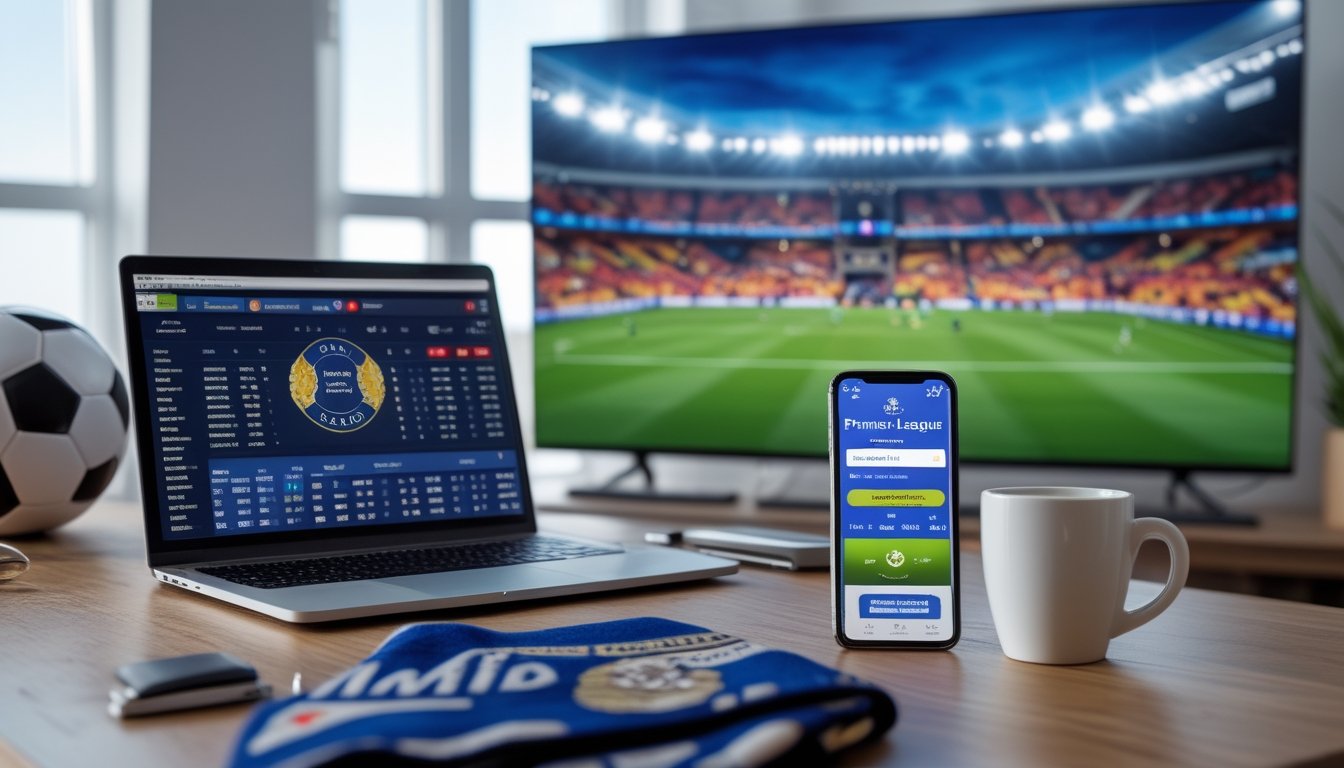 Seorang pria menggunakan laptop dan smartphone untuk bertaruh pada pertandingan sepak bola Liga Premier dan Liga Champions di ruang kerja yang nyaman.