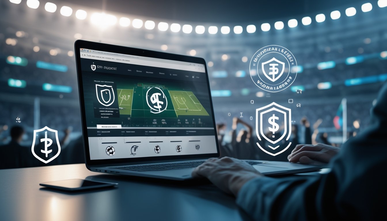 Seorang pria menggunakan laptop di meja kerja dengan latar belakang stadion sepak bola yang ramai dan cerah.