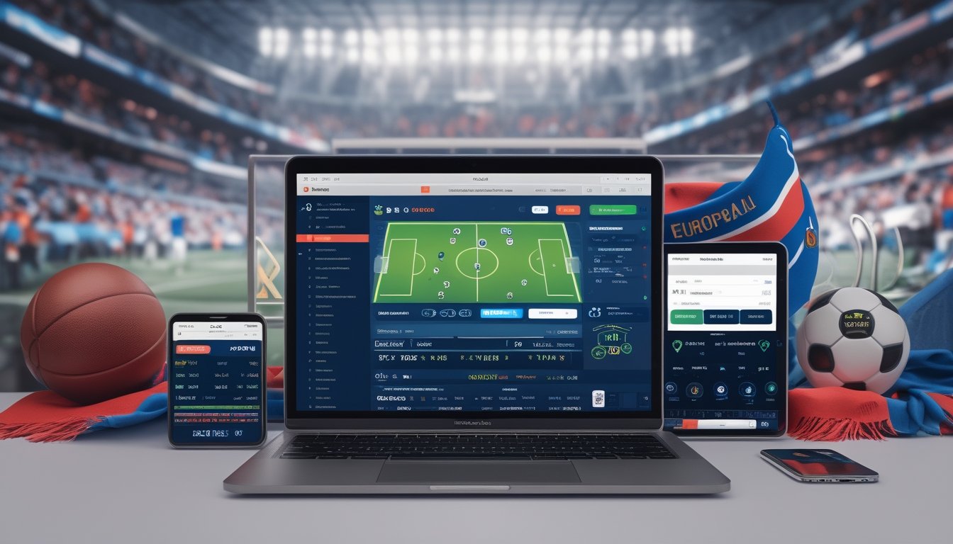 Meja kerja dengan laptop, ponsel, dan tablet yang menampilkan antarmuka taruhan olahraga sepak bola Liga Eropa, dengan latar belakang stadion sepak bola dan perlengkapan olahraga.