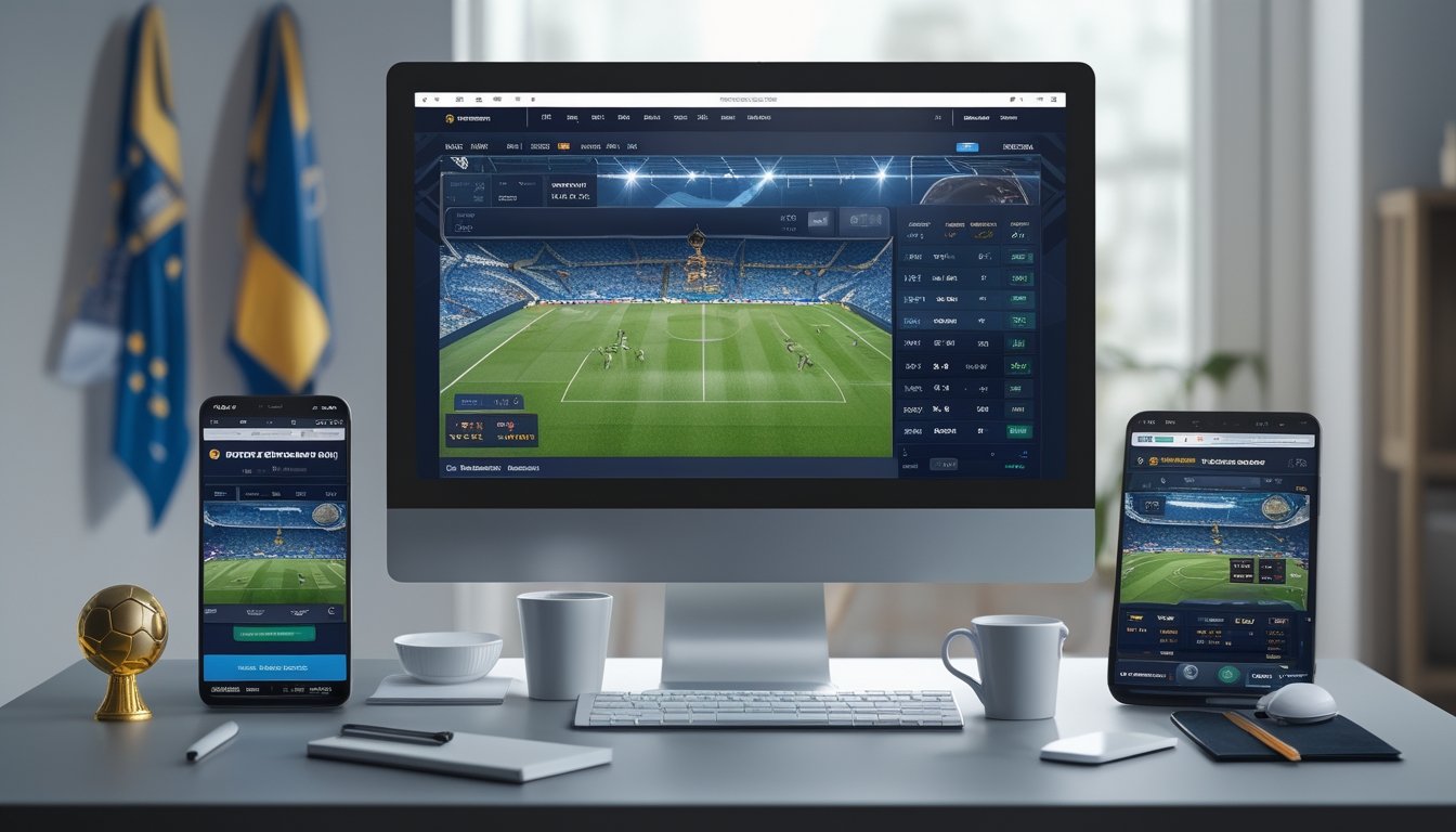Meja kerja modern dengan komputer menampilkan pertandingan sepak bola Eropa, ponsel dan tablet menunjukkan peluang taruhan dan skor langsung, dengan suasana yang rapi dan terang.