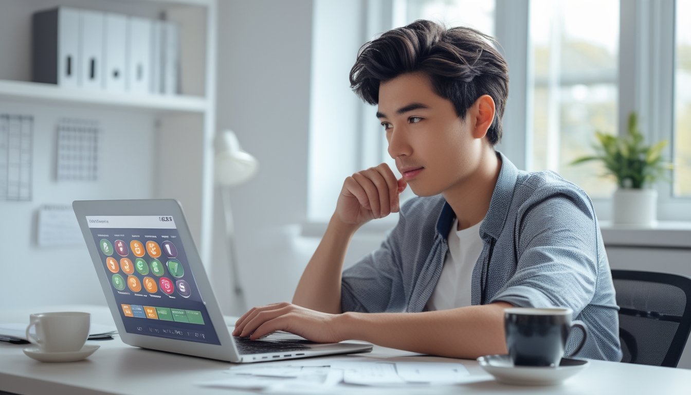 Seorang dewasa muda sedang duduk di meja dengan laptop, mencermati layar komputer di ruang kerja yang terang dan rapi.