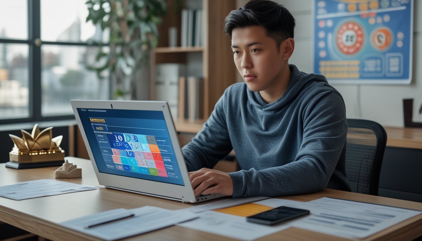 Seorang dewasa muda duduk di meja dengan laptop terbuka, memperhatikan layar dengan serius, di ruangan yang terang dengan dekorasi kecil bertema Sydney.