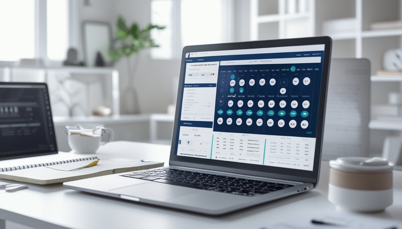 Meja kerja modern dengan laptop, ponsel, dan buku catatan yang menunjukkan aktivitas bermain dan membaca hasil togel online.