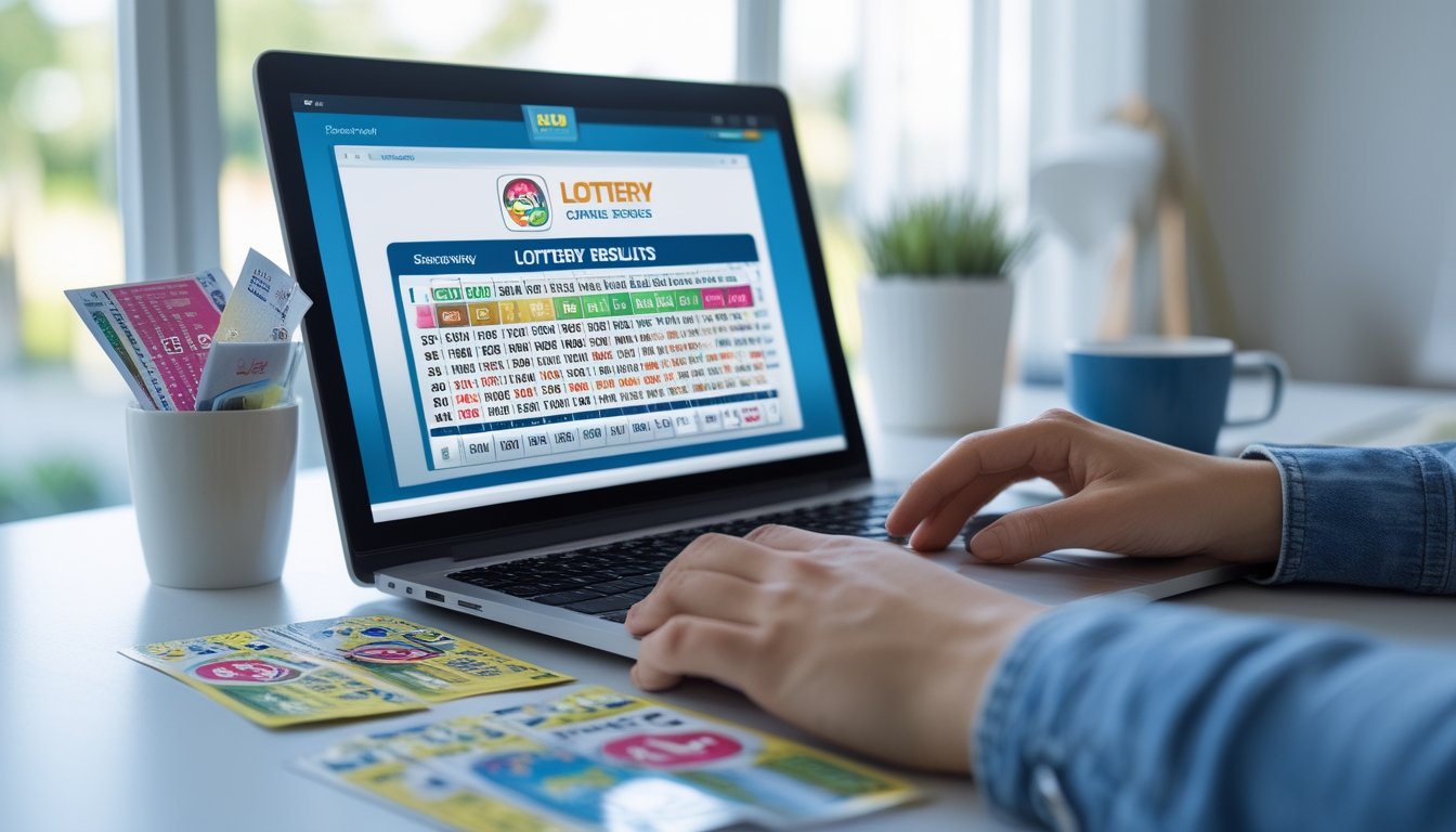 Meja kerja dengan laptop yang menampilkan hasil togel, tiket togel, dan secangkir kopi di sampingnya.
