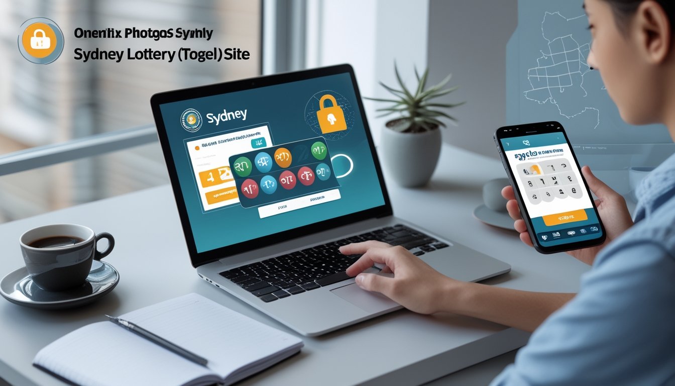 Seseorang menggunakan laptop di meja kerja dengan tampilan situs togel online yang aman, di sekitar terdapat smartphone, kopi, dan alat tulis.
