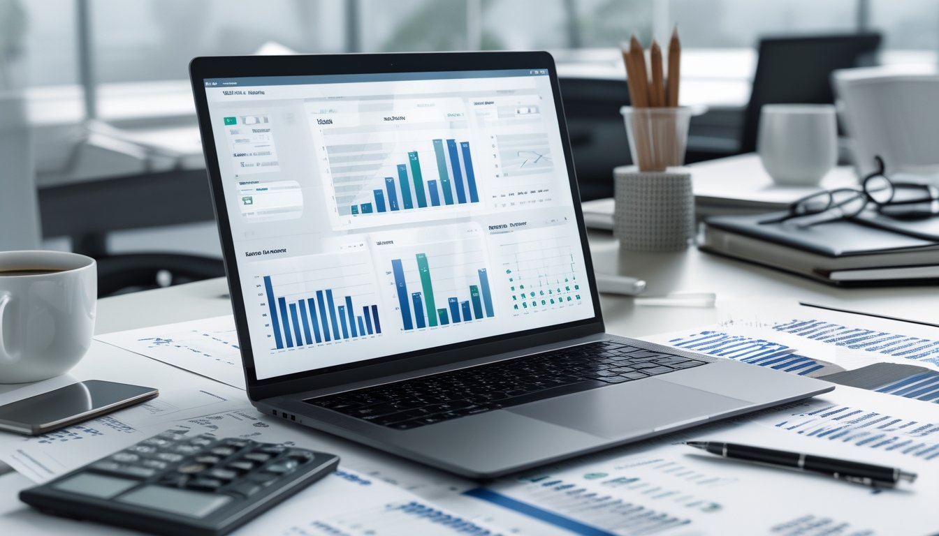 Seorang profesional sedang bekerja dengan laptop dan dokumen berisi angka dan grafik di atas meja kerja yang rapi.