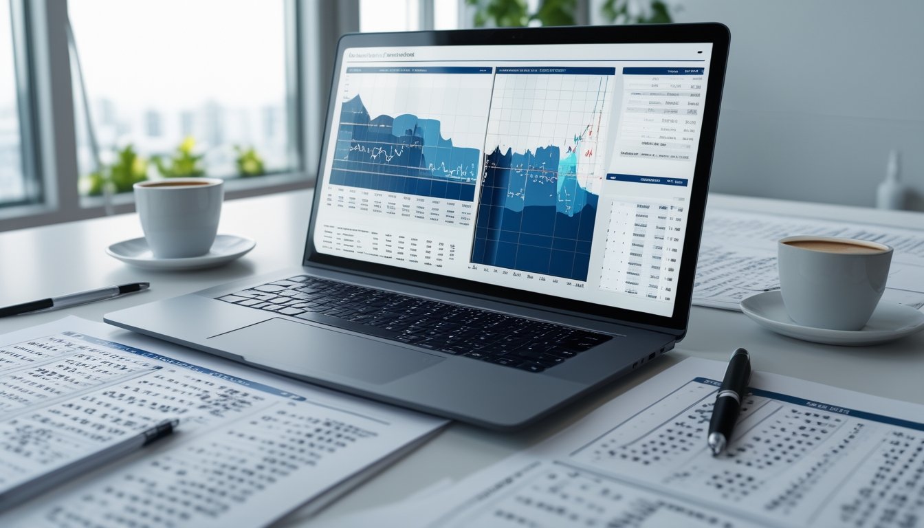 Seorang profesional sedang menganalisis data angka togel di meja kerja dengan laptop dan kertas berisi tabel angka.